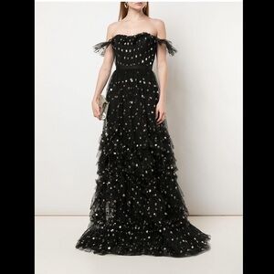 Marchesa Notte Off Shoulder Polka Dot Sequin Gown